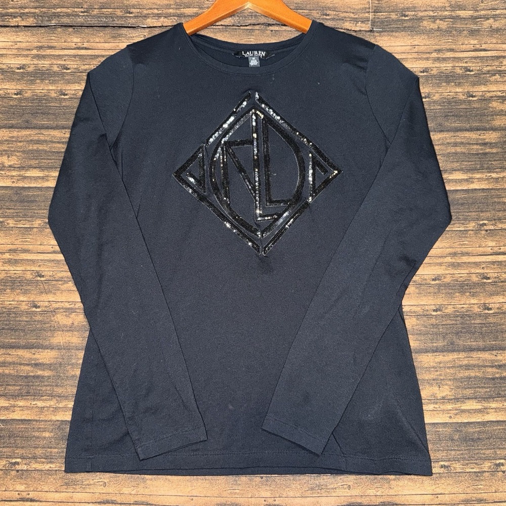 Lauren Ralph Lauren Black Label Women's Long Sleeve Top Black Sequins Size M